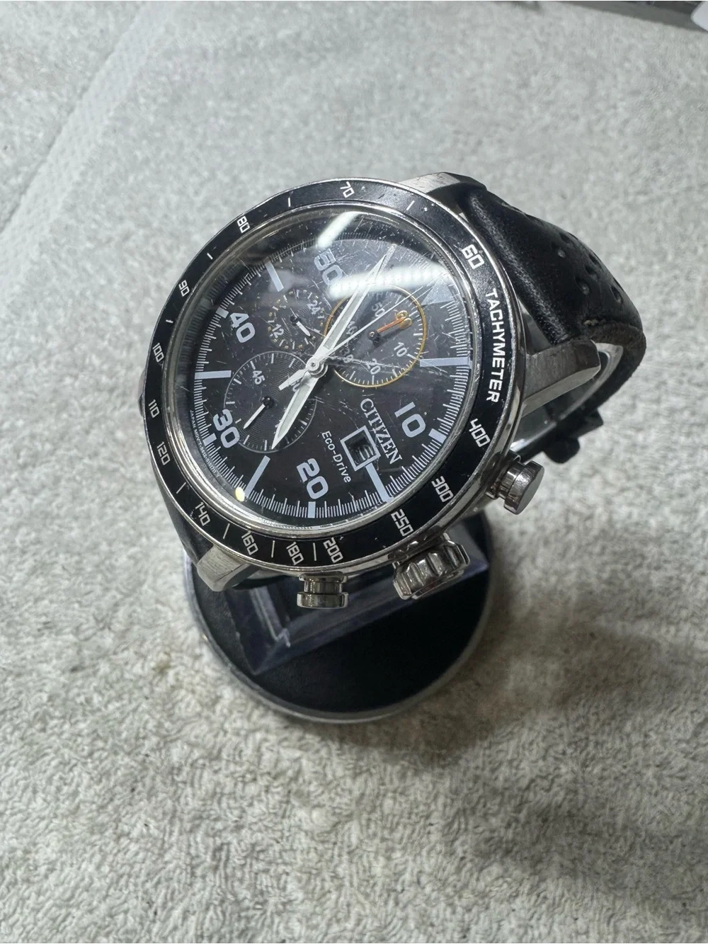 Citizen Black Dial Men's Chronograph Eco-Drive Watch with Yellow Accents